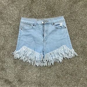 High Waisted Fringe Light Wash Jean Shorts